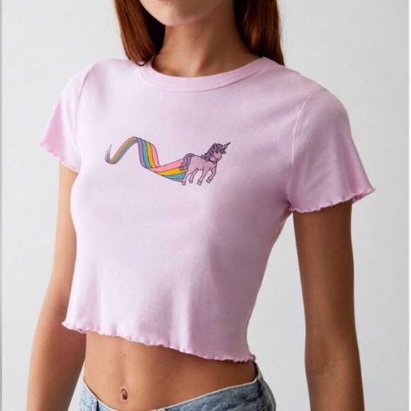 PacSun LA Pink Unicorn Dreams Cropped Tee Shirt Large - Picture 9 of 9